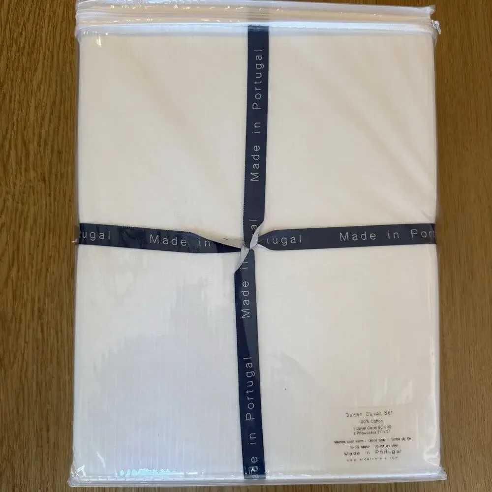 Alda Texteis Fine Linen Portugal White Textured Cotton Queen Duvet Cover Set 3pc